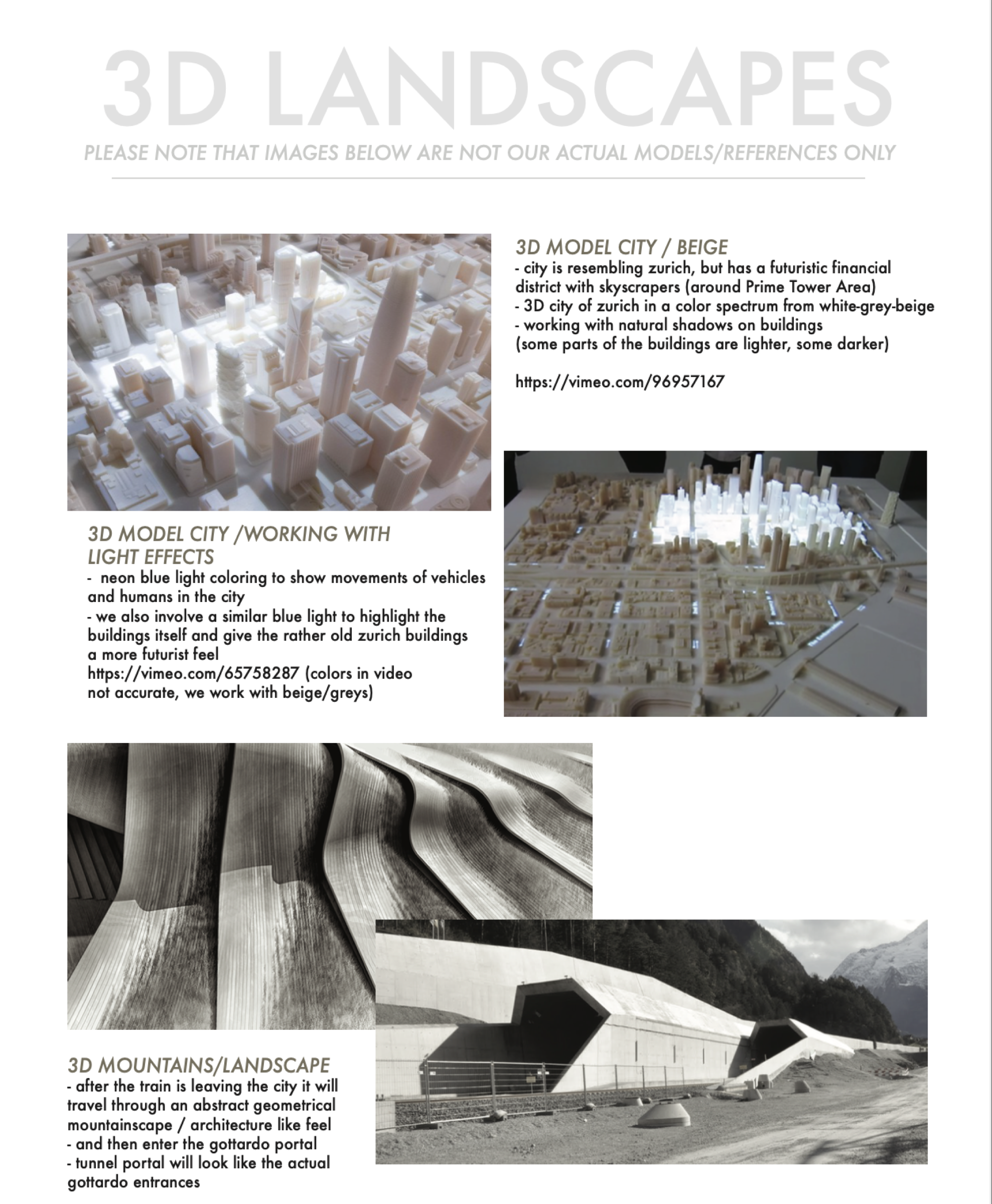 Development board — 3D landscape, model city and tunnel-portal studies for the Future of Mobility film